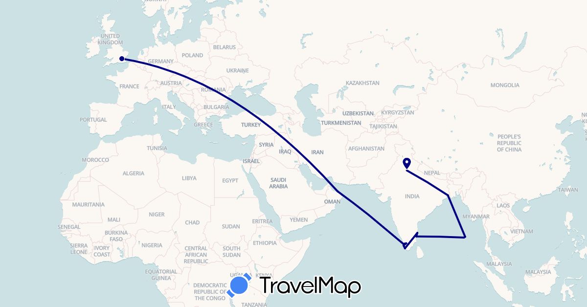 TravelMap itinerary: driving in United Kingdom, India, Oman (Asia, Europe)